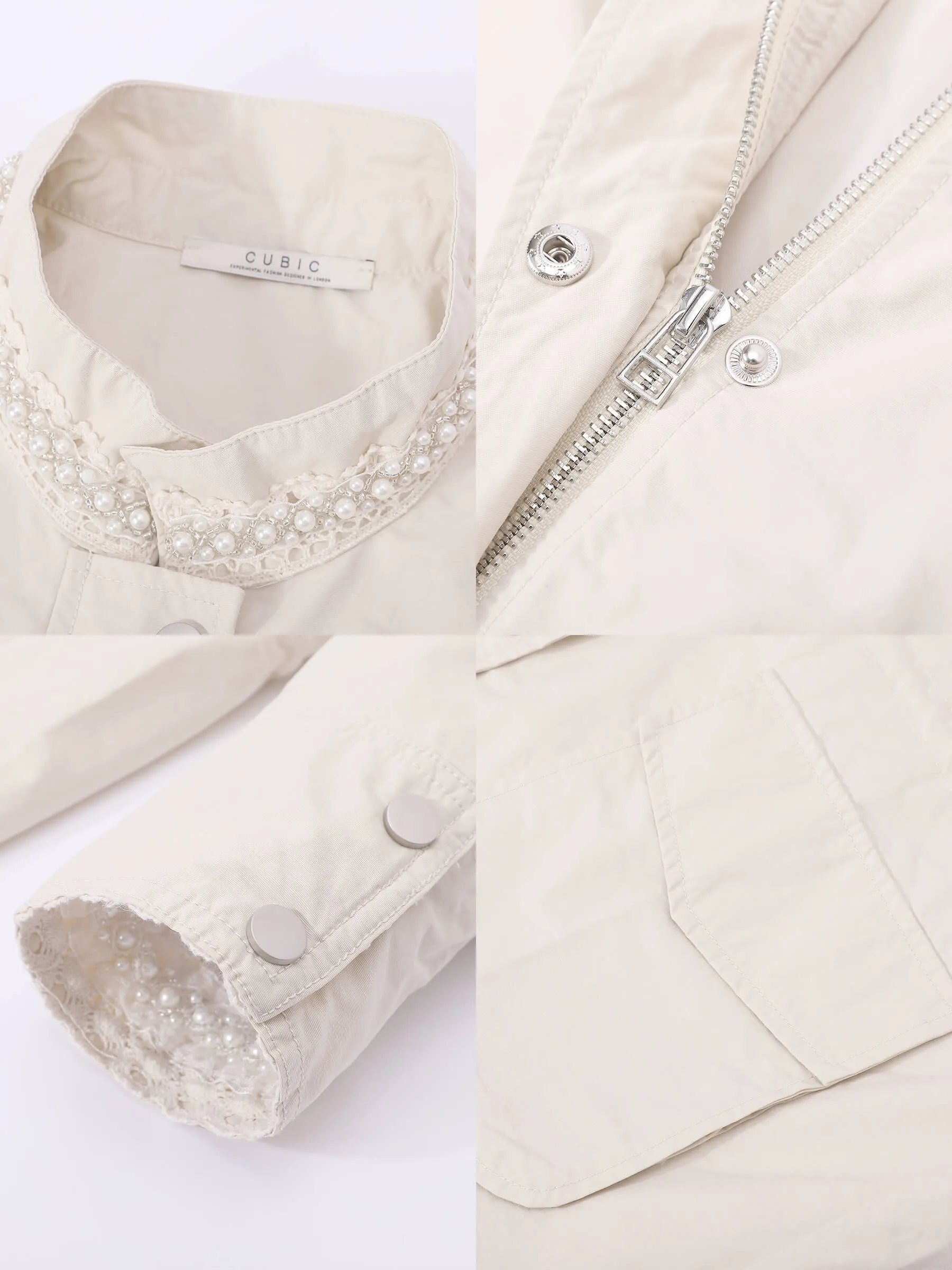 Beige Cargo Jacket With Pearl Neckline