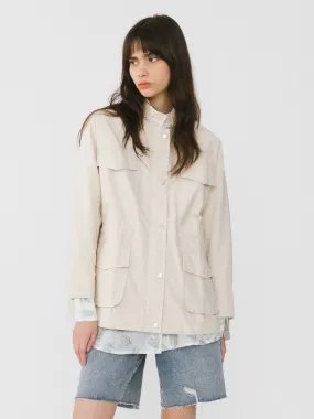 Beige Cargo Jacket With Pearl Neckline