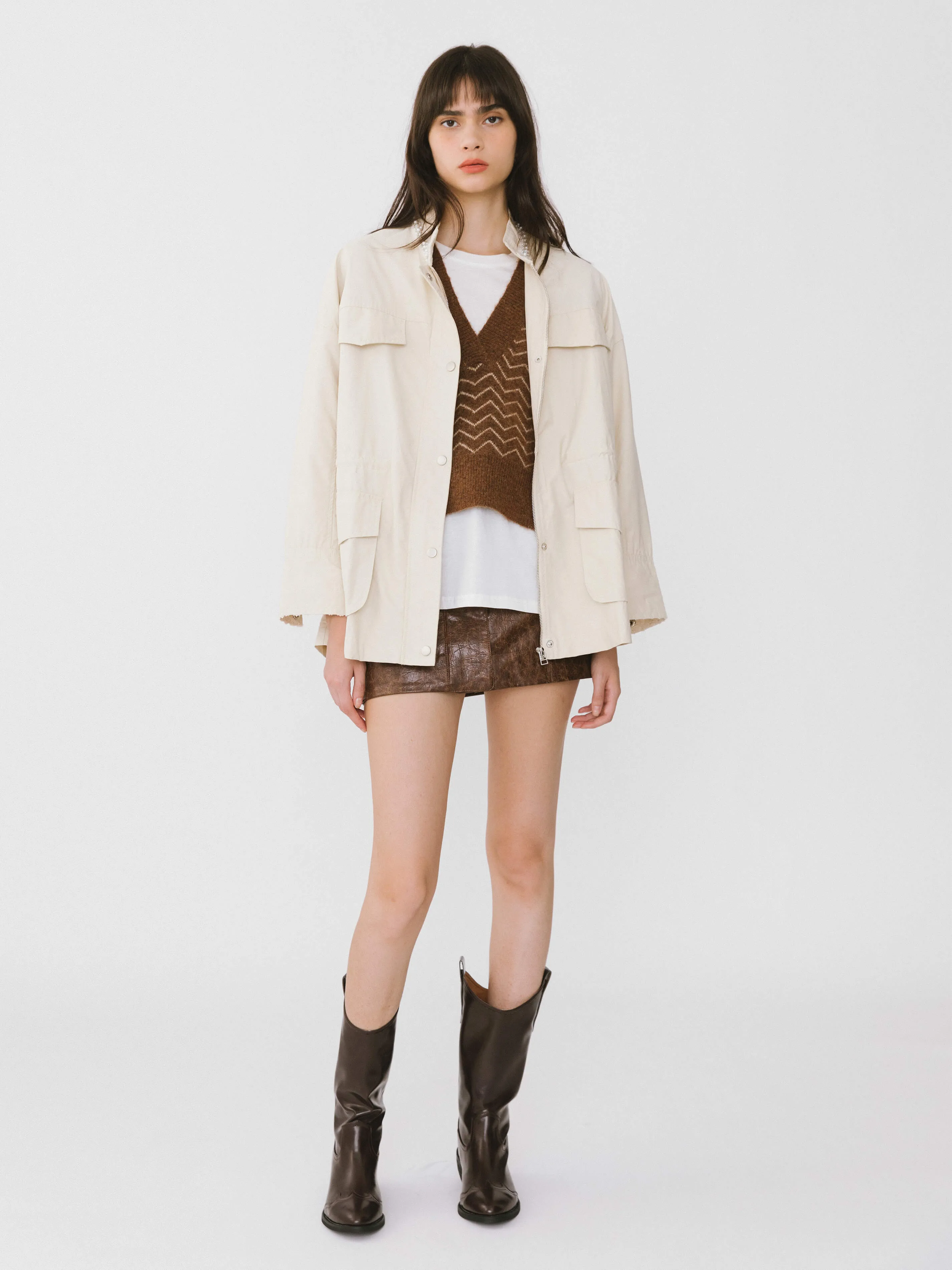 Beige Cargo Jacket With Pearl Neckline