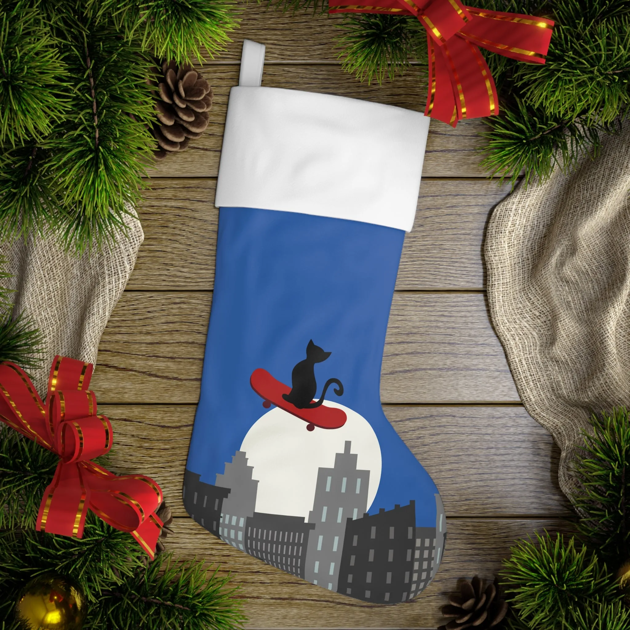 Black cat on skateboard Holiday Stocking