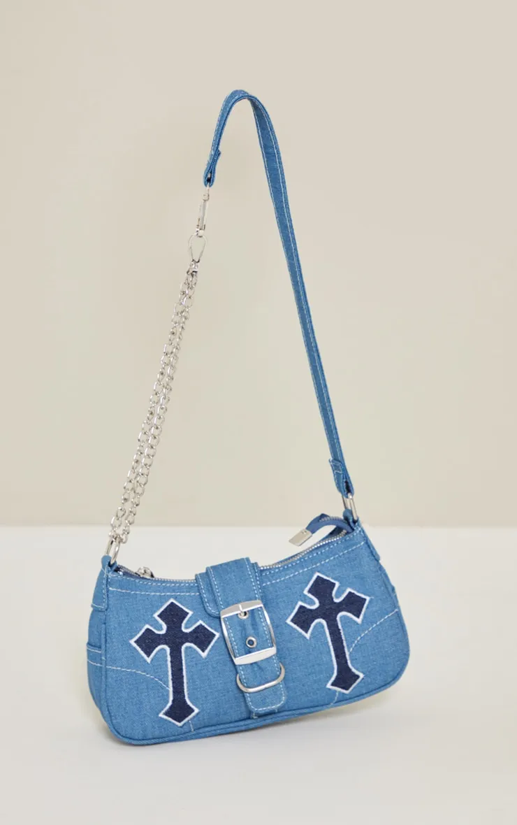 Denim Contrast Applique Buckle Shoulder Bag