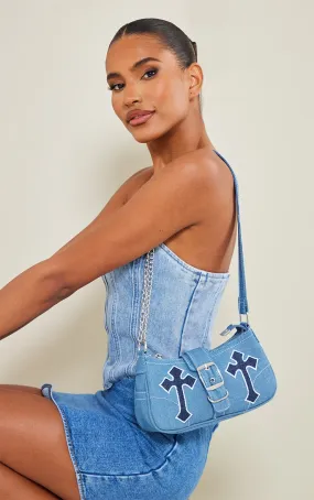 Denim Contrast Applique Buckle Shoulder Bag