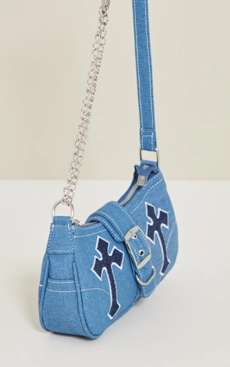 Denim Contrast Applique Buckle Shoulder Bag