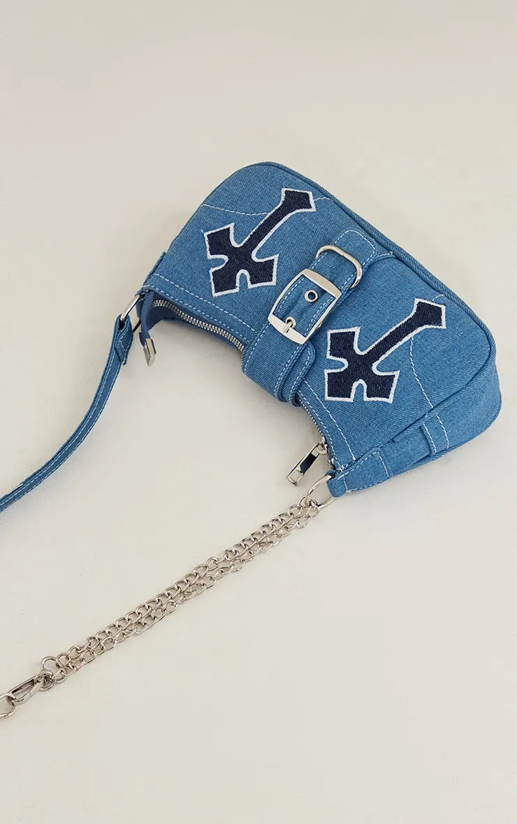 Denim Contrast Applique Buckle Shoulder Bag