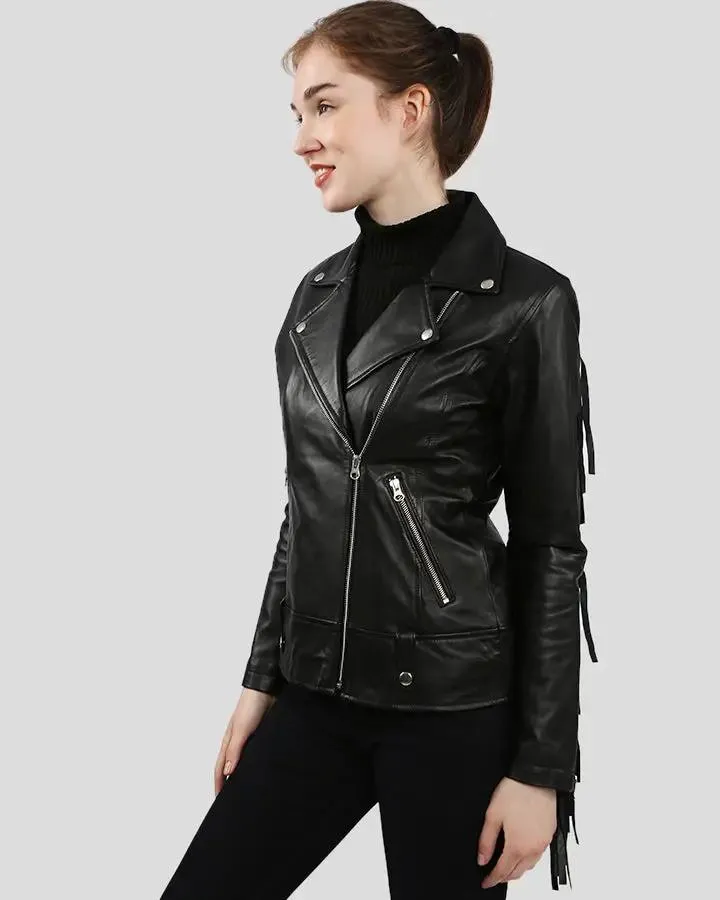 Kiana Black Biker Fringes Leather Jacket