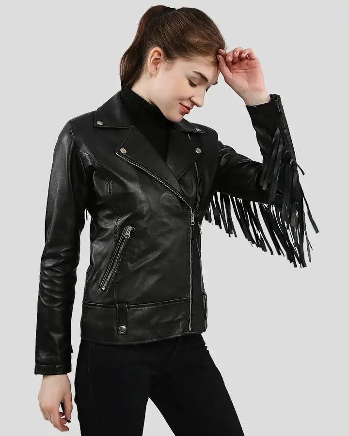 Kiana Black Biker Fringes Leather Jacket