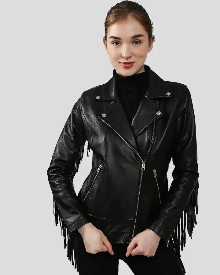 Kiana Black Biker Fringes Leather Jacket