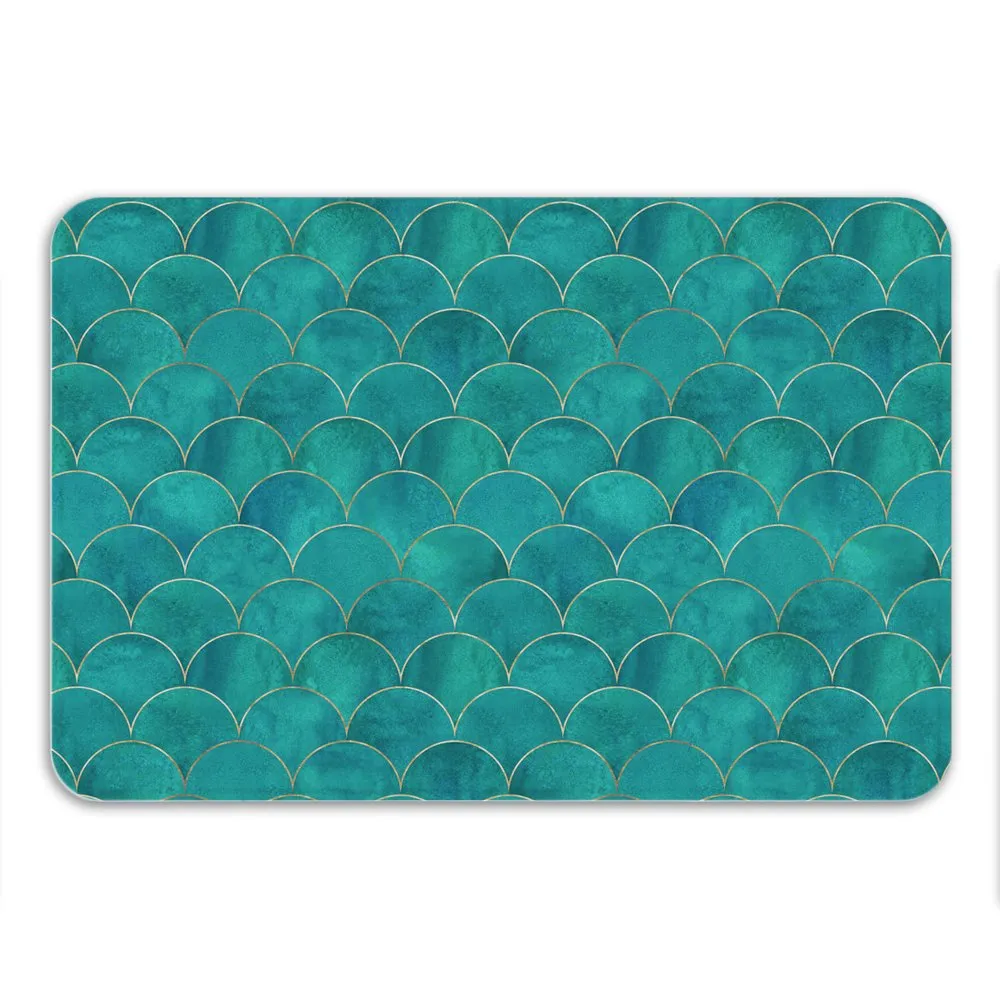 Mermaid Bath Mat, Beach Art, Fish Scales, Non Slip, Teal & Gold Fabric, Mermaid Decor, Boho Rug, Microfiber, Small or Large, Pri