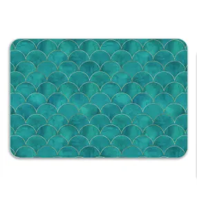 Mermaid Bath Mat, Beach Art, Fish Scales, Non Slip, Teal & Gold Fabric, Mermaid Decor, Boho Rug, Microfiber, Small or Large, Pri